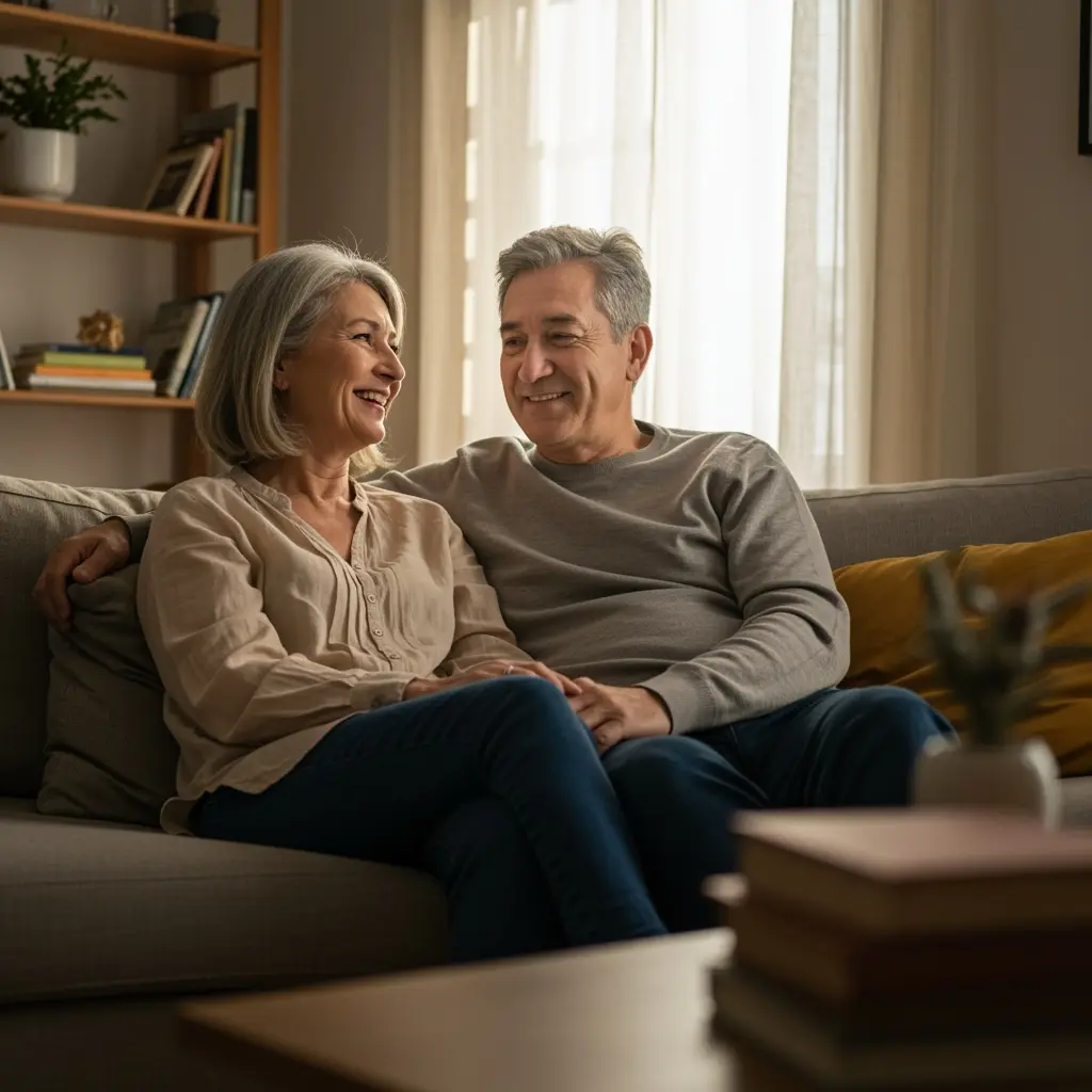 raisin_de_glueckliches_paerchen_sofa.jpg Ein Paar mittleren Alters sitzt entspannt auf einem Sofa und schaut sich lächelnd an. Das Wohnzimmer ist warm beleuchtet, im Hintergrund stehen ein Bücherregal und Pflanzen.