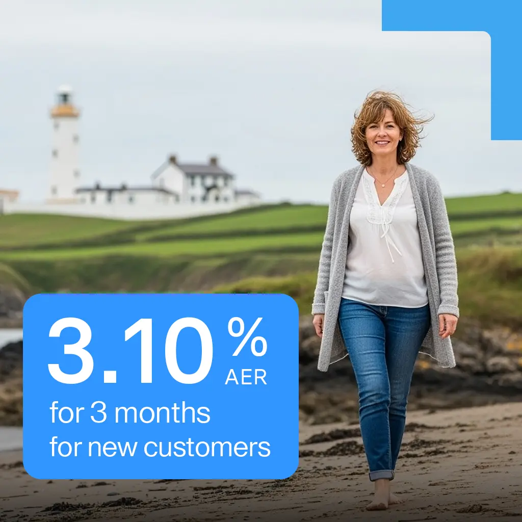 raisin_ie_woman_at_coast_badge Woman walks barefoot on a beach near a lighthouse; text overlay promotes 3.10% AER for 3 months for new customers.