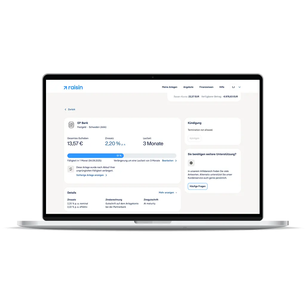 Raisin AT-Neue Ansicht Geldanlage Übersicht der Geldanlagen im neuen Design.