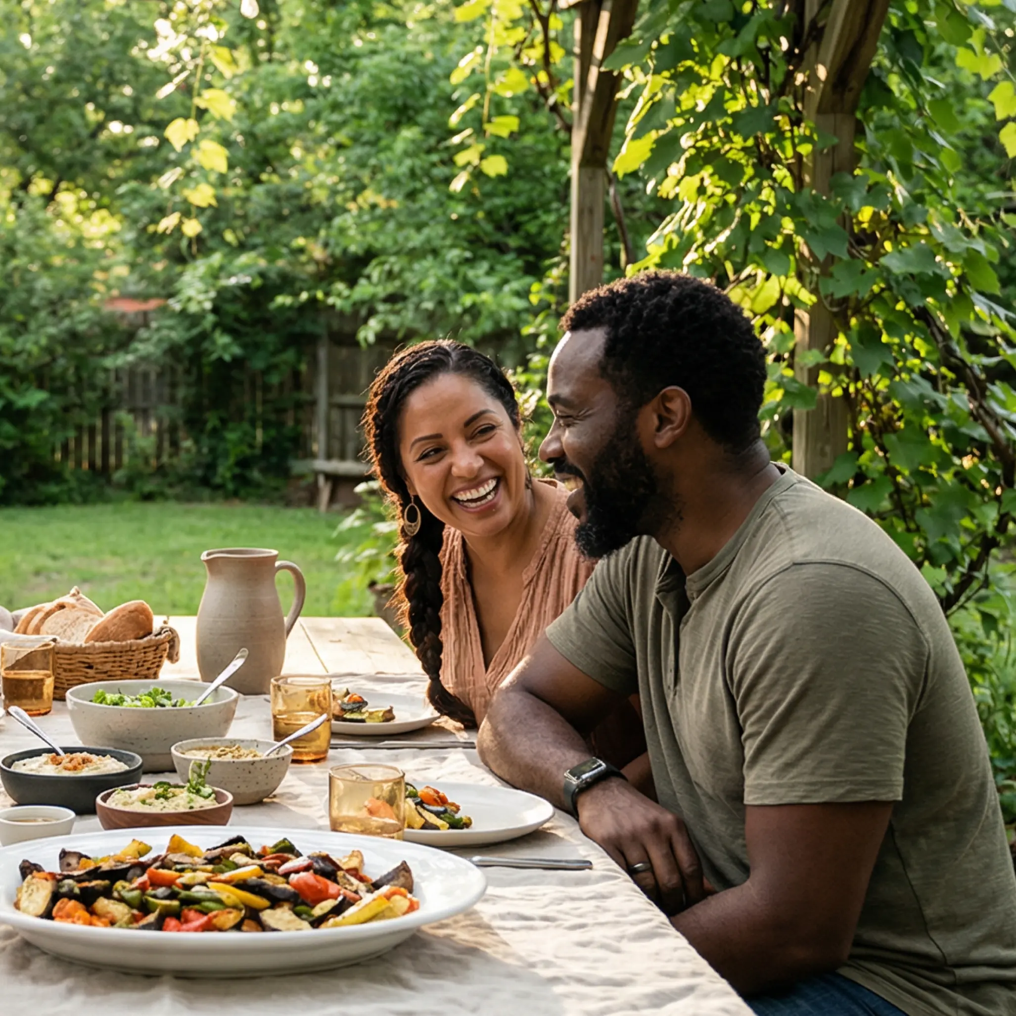 About-The-Idabel-National-Bank.png A man and woman laughing at a wooden dining table outdoors in a lush green garden with a spread of healthy food.