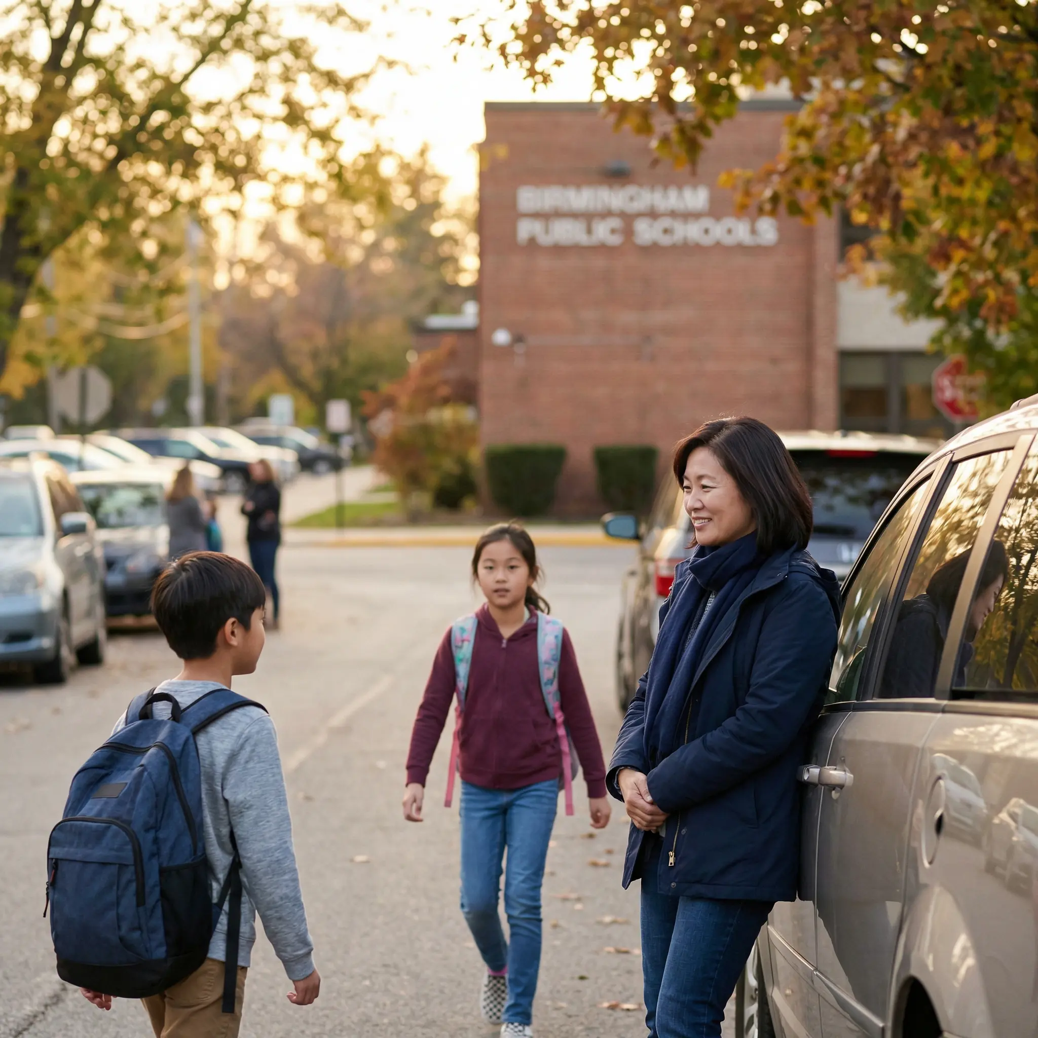 About-Community-Unity-Bank.png A mother smiling at her children during school drop-off in front of a public school building.