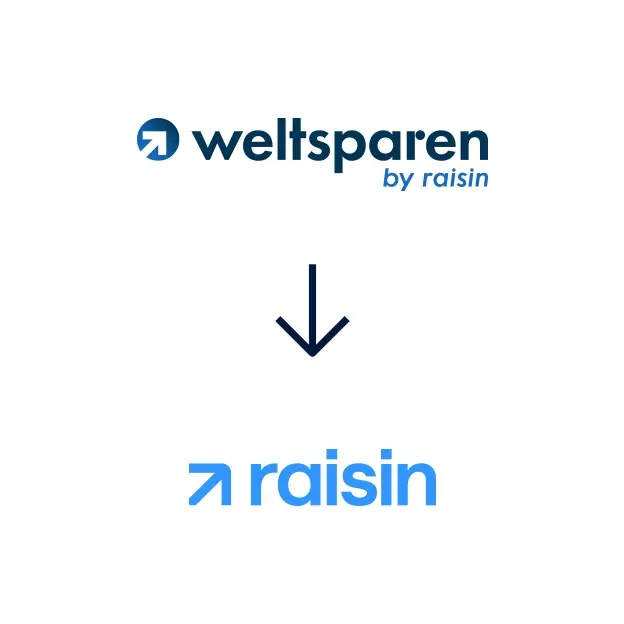 Raisin AT-WeltSparen wird Raisin groß Darstellung des WeltSparen-Logos und darunter das neue Raisin-Logo.