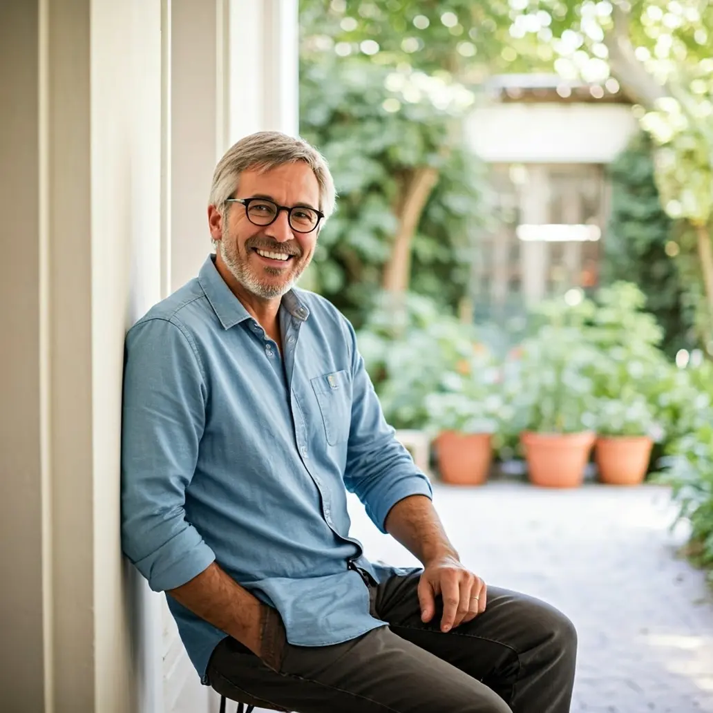 Hombre con gafas y camisa azul sonríe mientras está sentado en el muro exterior de una casa con jardín al fondo.