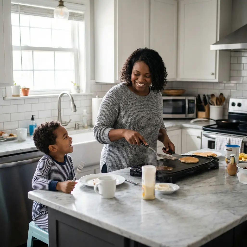 availa-bank-lifestyle.png A lifestyle photograph of a mother and son in a white-tiled kitchen. The woman is smiling as she cooks pancakes on an electric griddle. The young boy sits on a teal stool at the counter, holding a fork and laughing joyfully. The scene is brightly lit by a large window in the background.