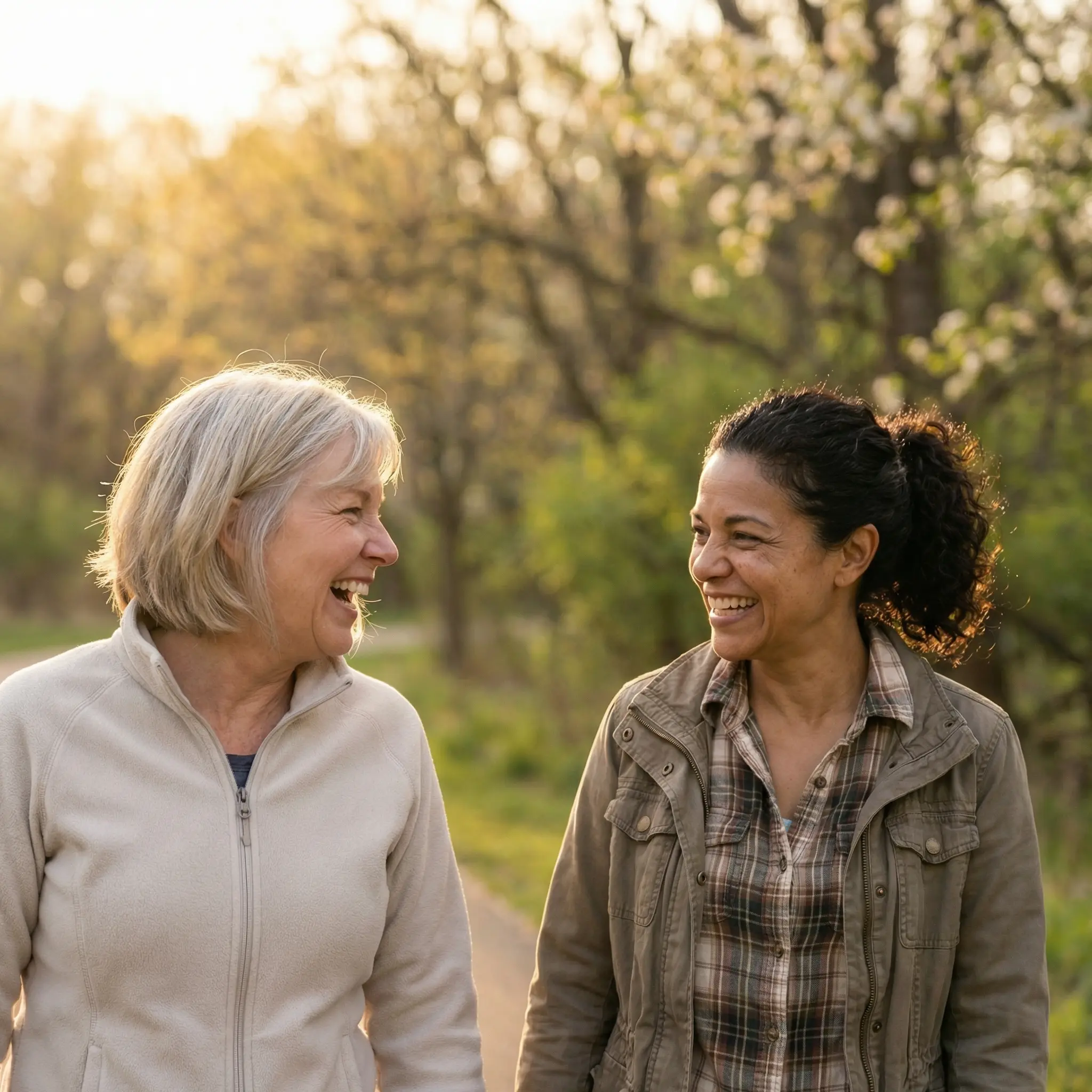 About-Paprika.png Two women smiling and walking together on a nature path