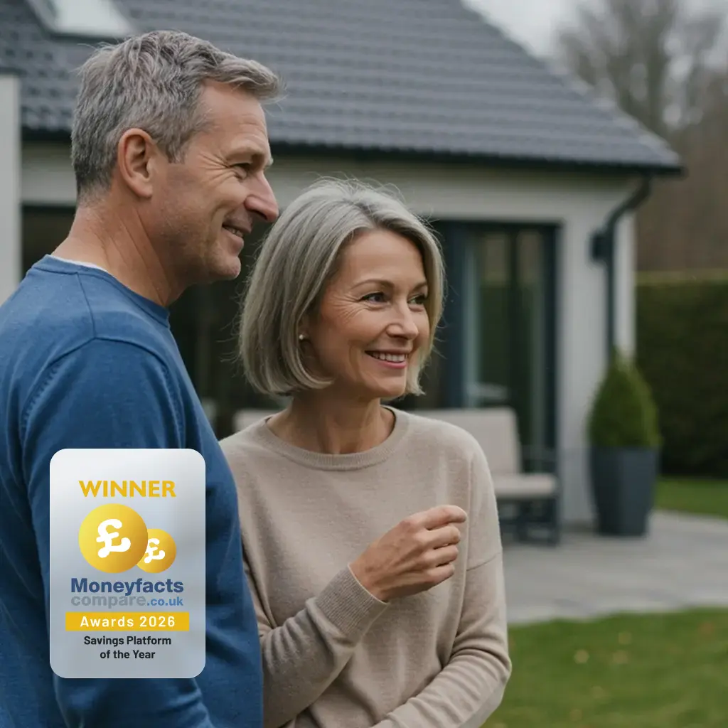 A male and female couple in their 50s, stood in front of a house