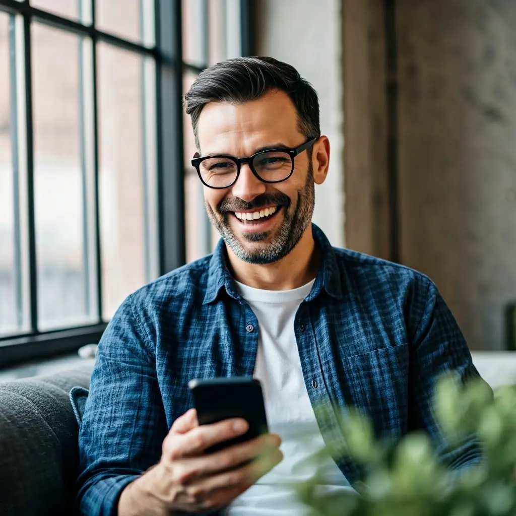 Homme souriant assis près d’une fenêtre, tenant un smartphone — illustration d’un client satisfait de son expérience avec Raisin.