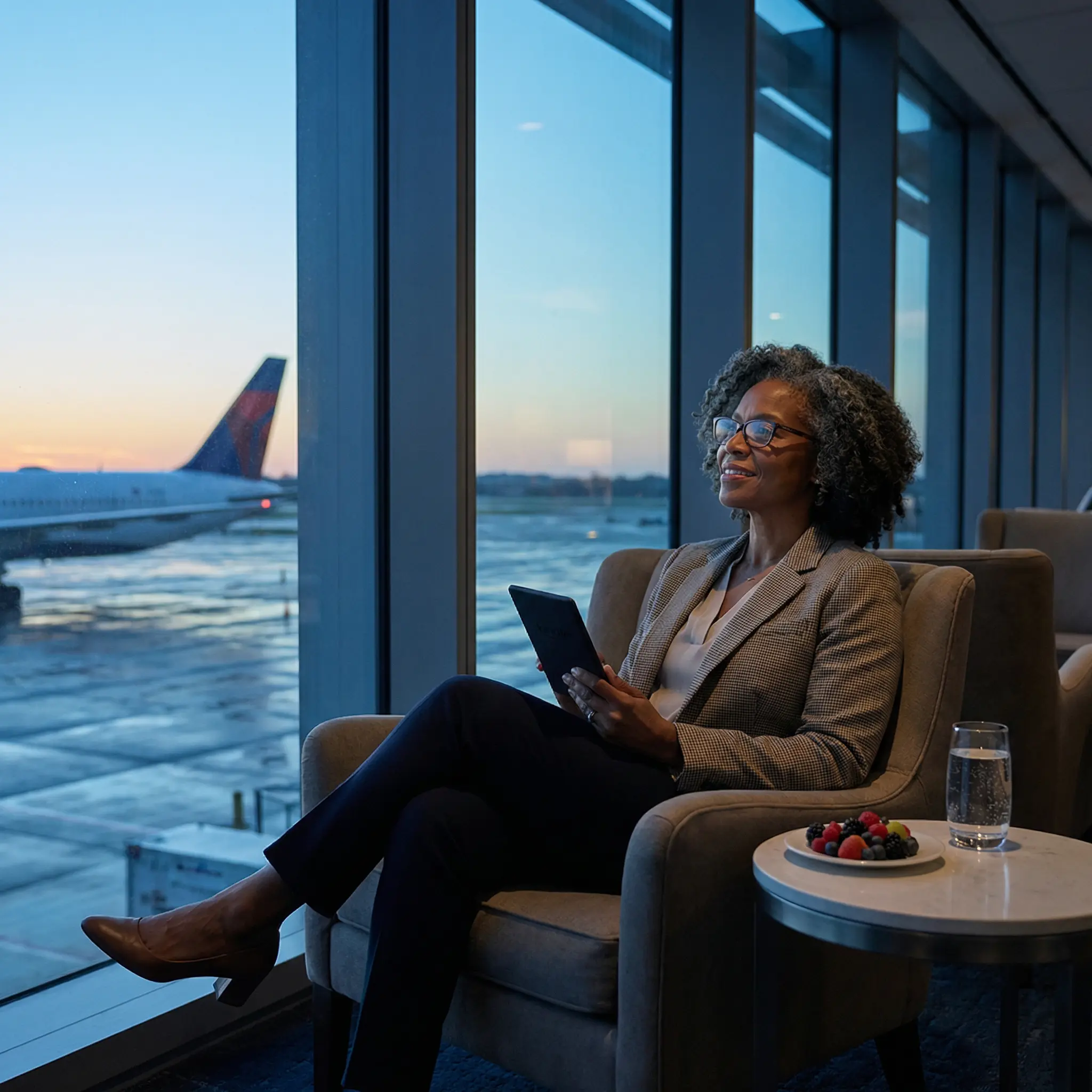 About-Contentinental-Bank.png A professional woman relaxing in an airport lounge at sunset, holding a tablet and looking out at the runway.