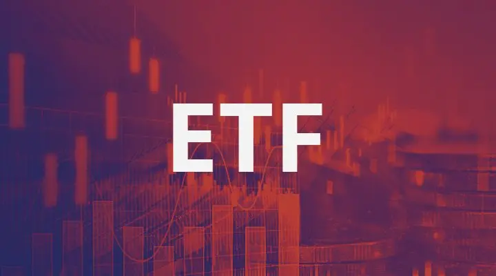 Witte letters “ETF” staan centraal op een vervaagde rood-blauwe achtergrond.