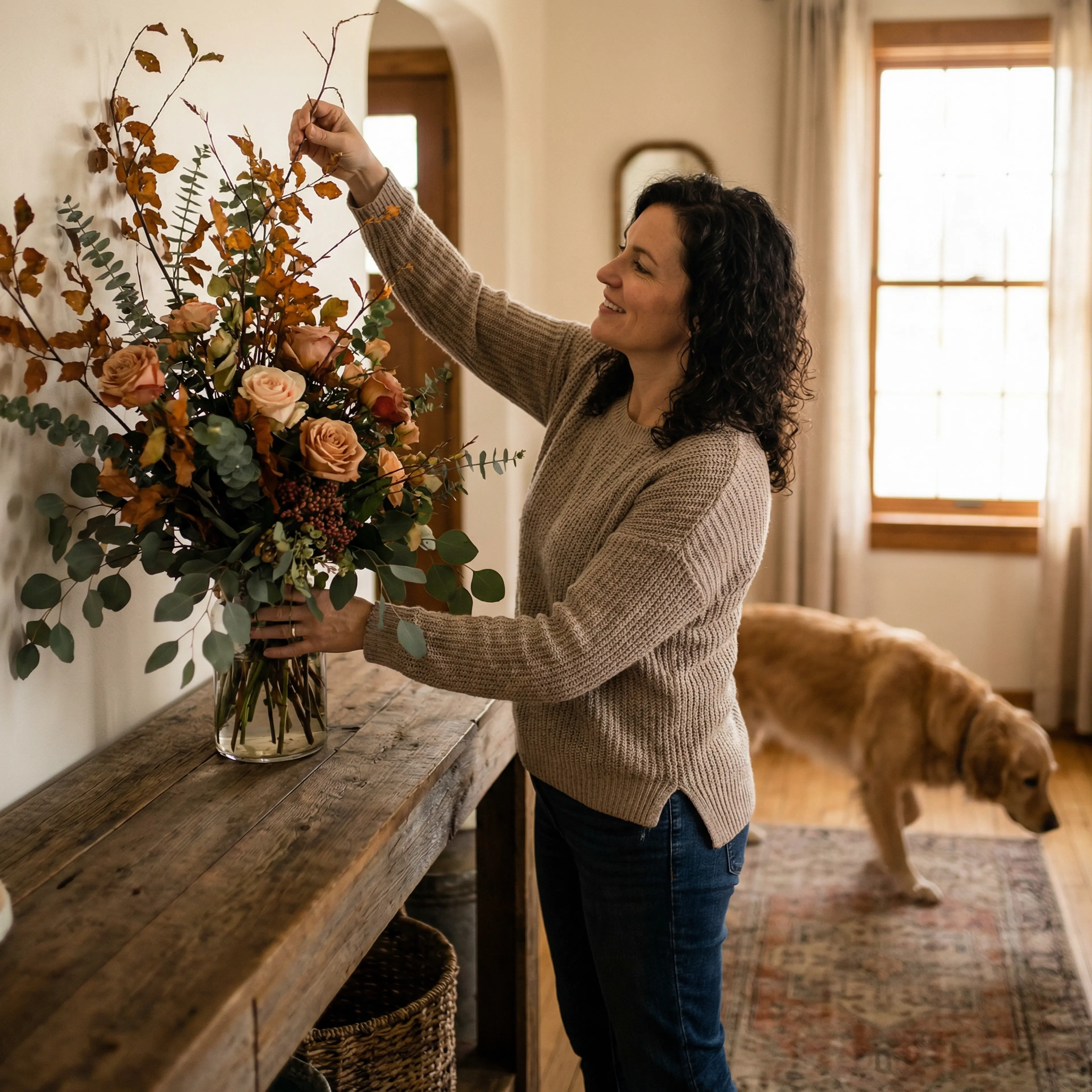About-American-State-Bank.png A woman smiling while arranging a large floral bouquet on a rustic wooden console table with her dog nearby.