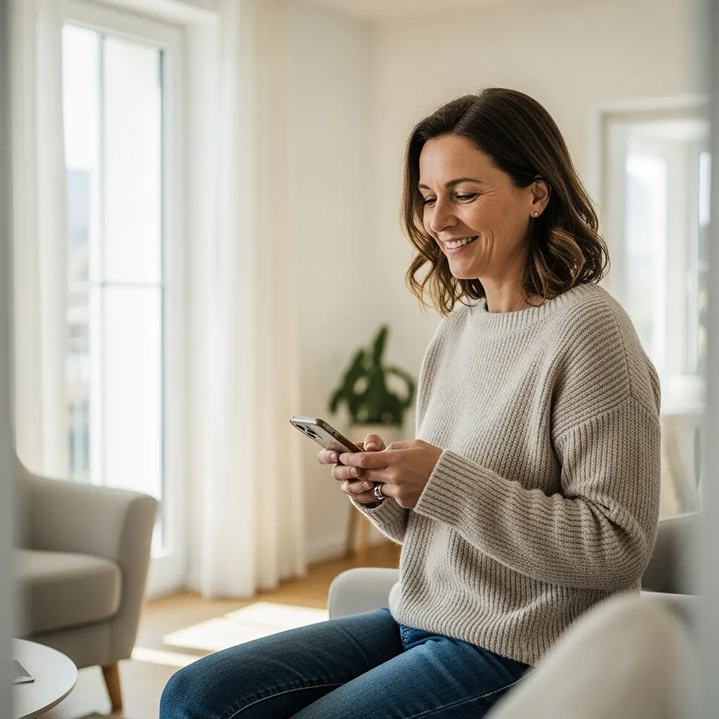 Nainen hymyilee ja katsoo puhelinta sohvalla