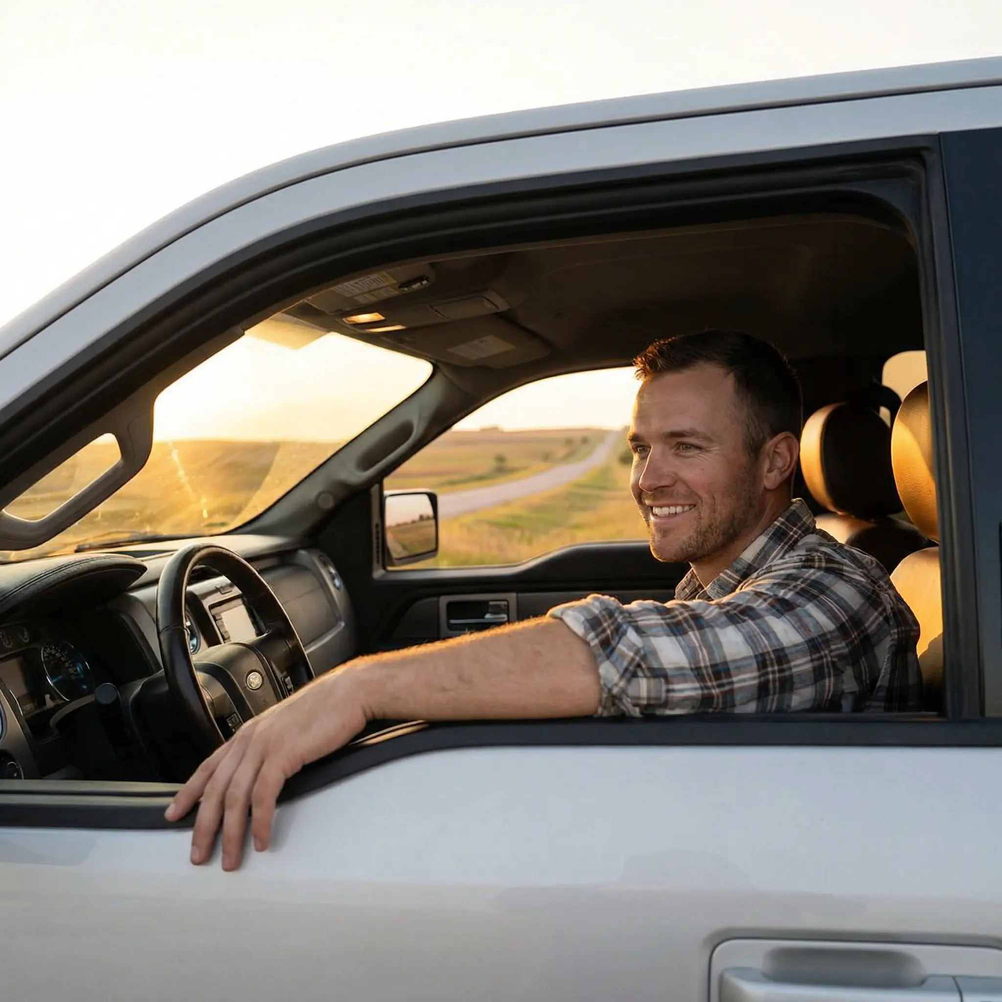 About-Dayspring-Bank.png Man smiling while driving a pickup truck on a rural road at sunset