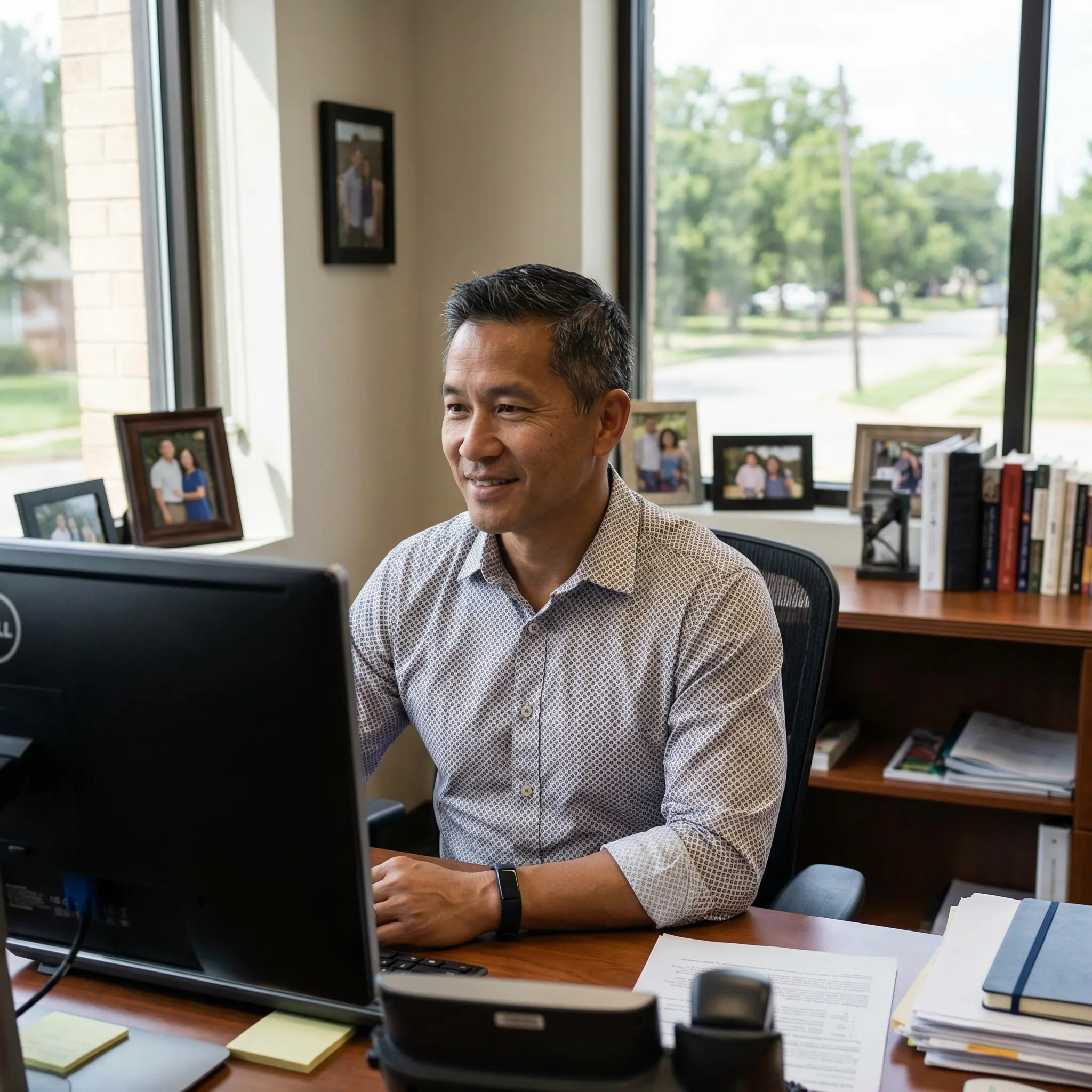 About-Prism-Bank.png A professional man smiling while working at his desk in a bright office filled with family photos.