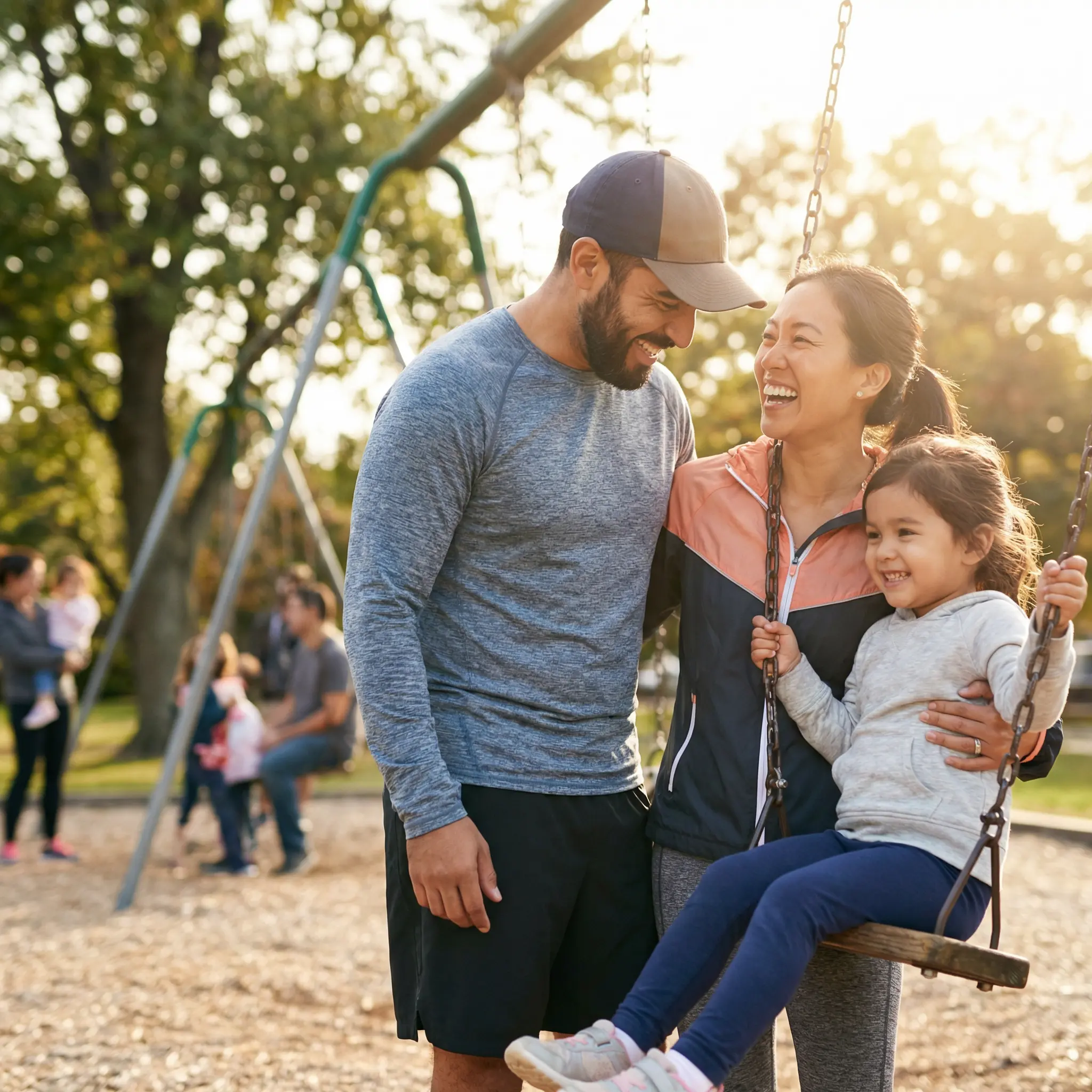 About-Hanover-Bank.png Family smiling together at a playground with a child on a swing