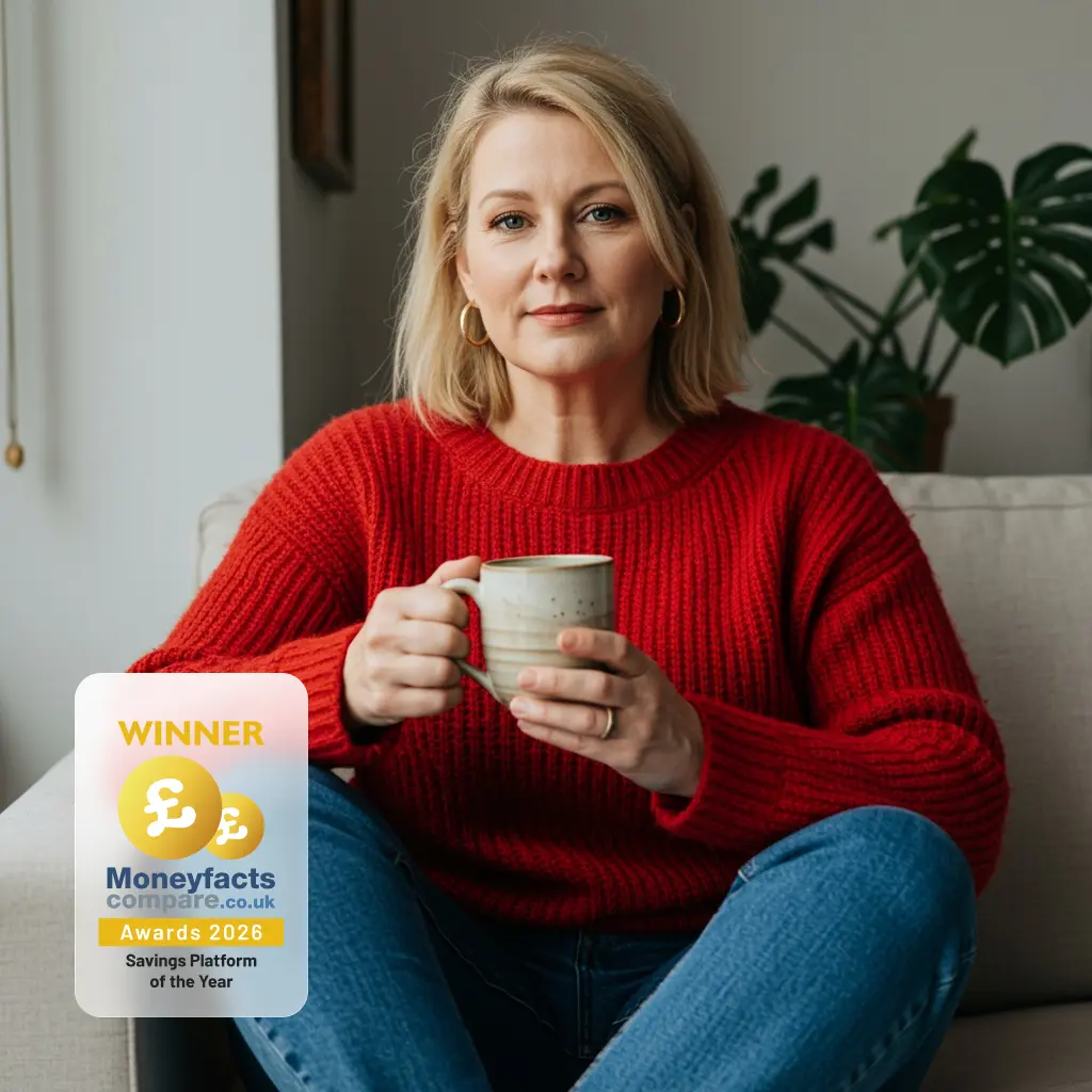 A woman in a red jumper sitting on a chair holding a grey mug