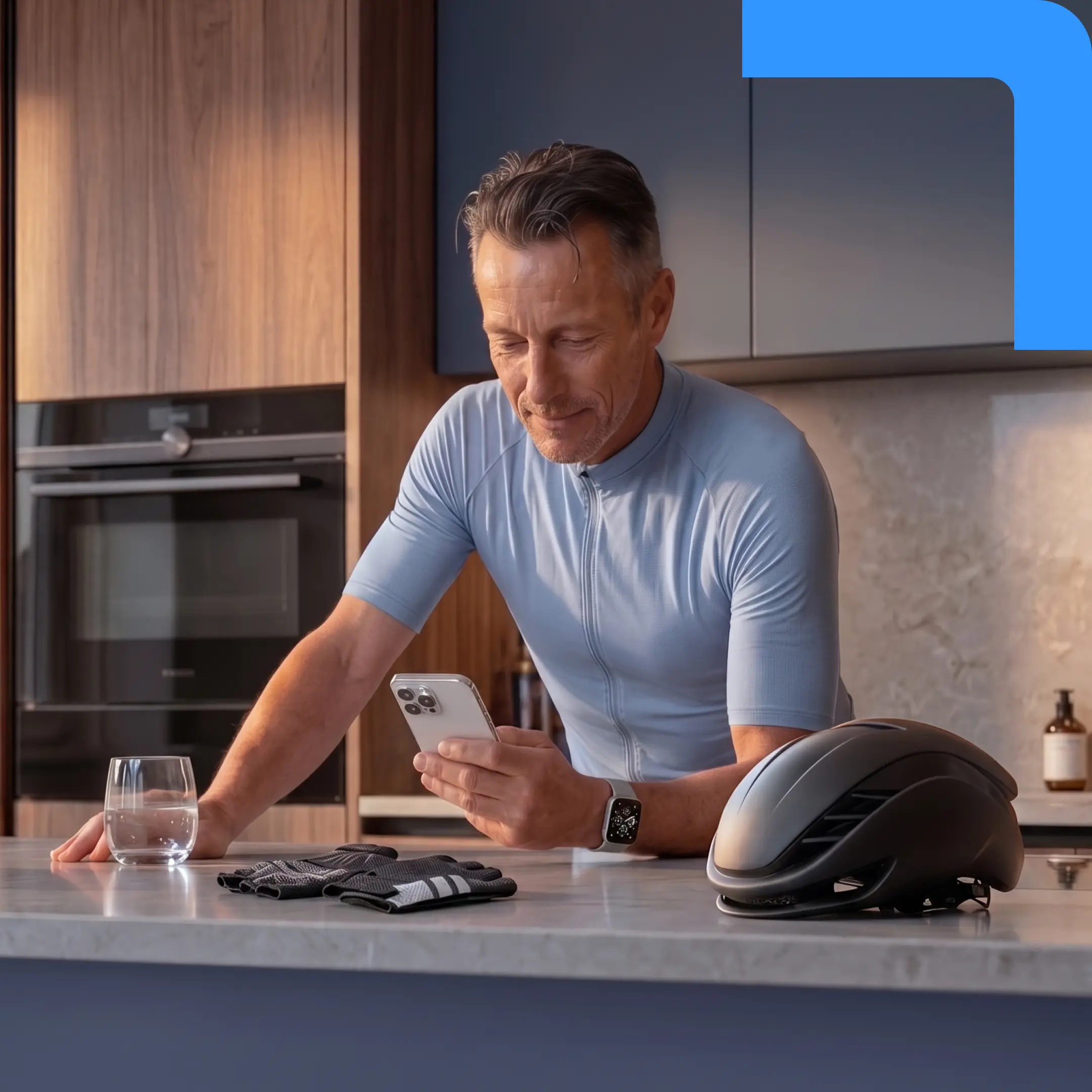 Een man in een lichtblauwe wielrennersoutfit leunt tegen een aanrecht in een keuken terwijl hij op zijn smartphone kijkt.