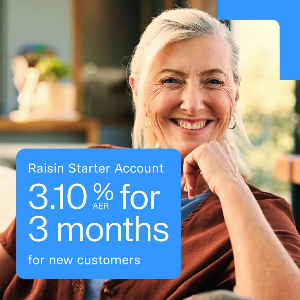 A smiling woman with text overlay: Raisin Starter Account, 3.10% AER for 3 months for new customers.