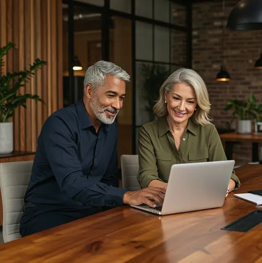 Smiling older couple sitting at desk with laptop in office environment.