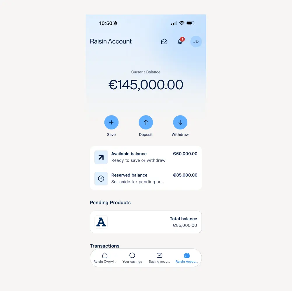 Raisin IE-App Account Raisin Account screen showing a €145,000.00 balance, split into an available balance of €60,000.00 and a reserved balance of €85,000.00.