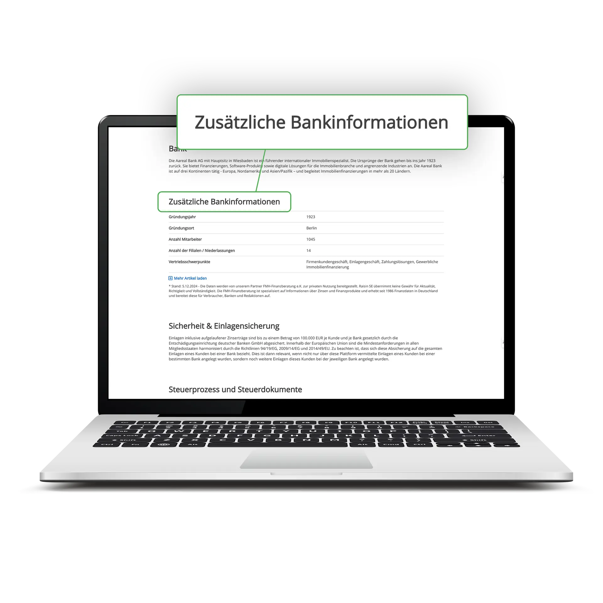 Raisin Transparenz Bankenliste 3 Screenshot mit dem Angebot einer Partnerbank, wo der Bereich „Zusätzliche Bankinformationen" hervorgehoben ist