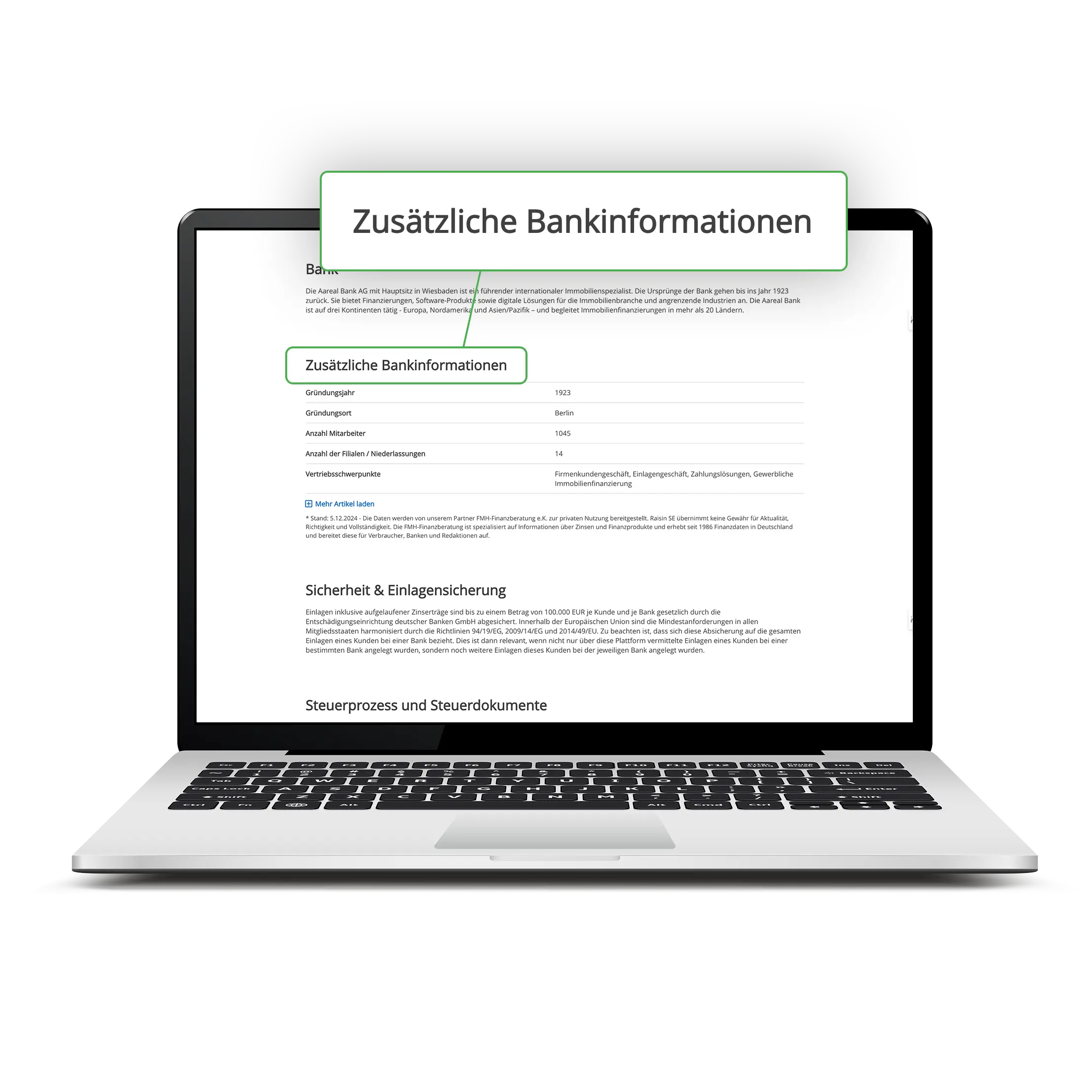Raisin Transparenz Bankenliste 3 Screenshot mit dem Angebot einer Partnerbank, wo der Bereich „Zusätzliche Bankinformationen" hervorgehoben ist