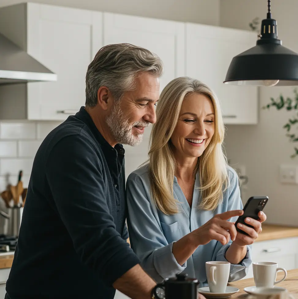 raisin_at_Mediatile_ Sparen fuer die Zukunft.png Ein älteres Paar lächelt und schaut auf ein Handy, das die Frau in der Hand hält.