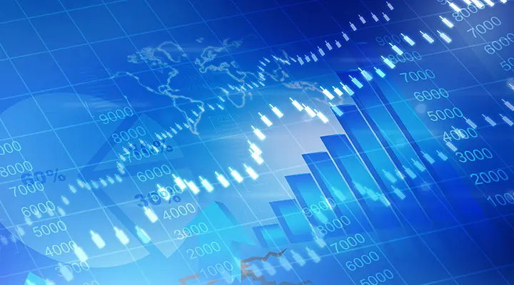 Kolommen en een lijn met financiële gegevens tegen een wereldkaartachtergrond.