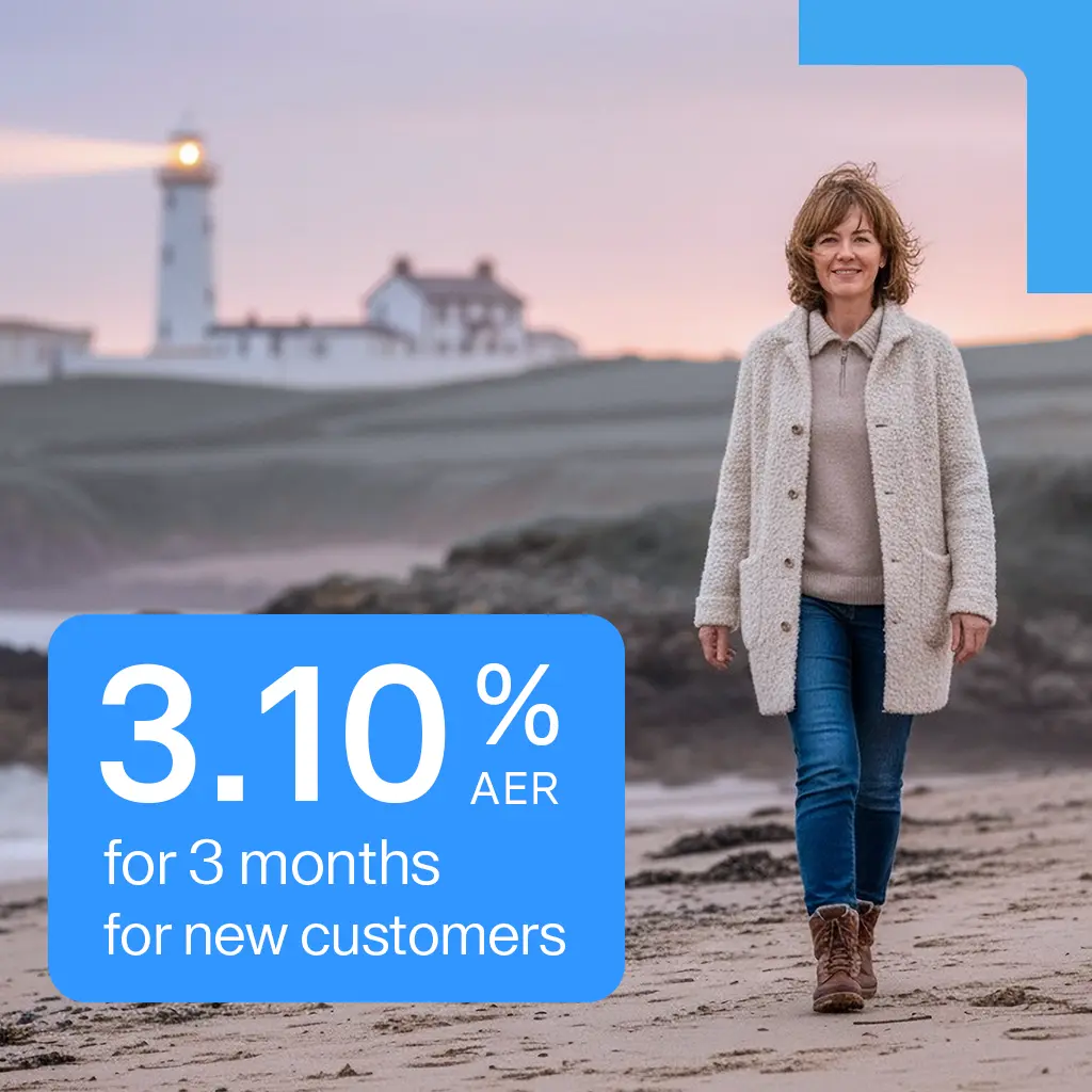 Woman walks barefoot on a beach near a lighthouse; text overlay promotes 3.10% AER for 3 months for new customers.