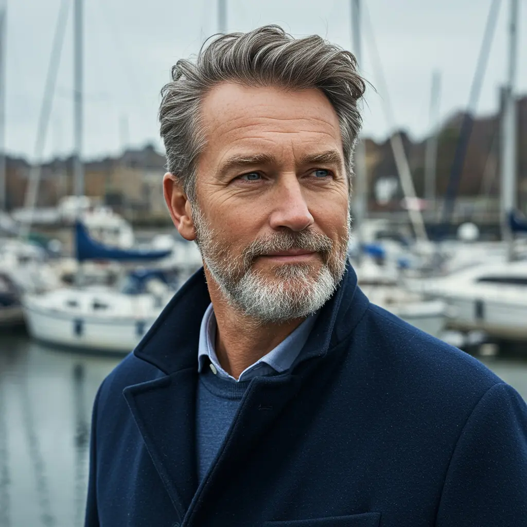 Ein älterer Mann steht am Hafen.