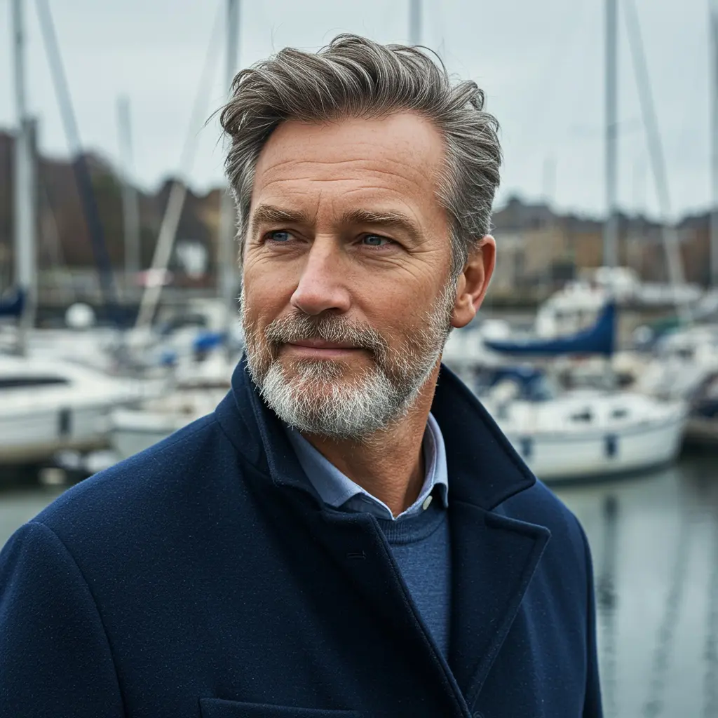 Ein älterer Mann steht am Hafen.