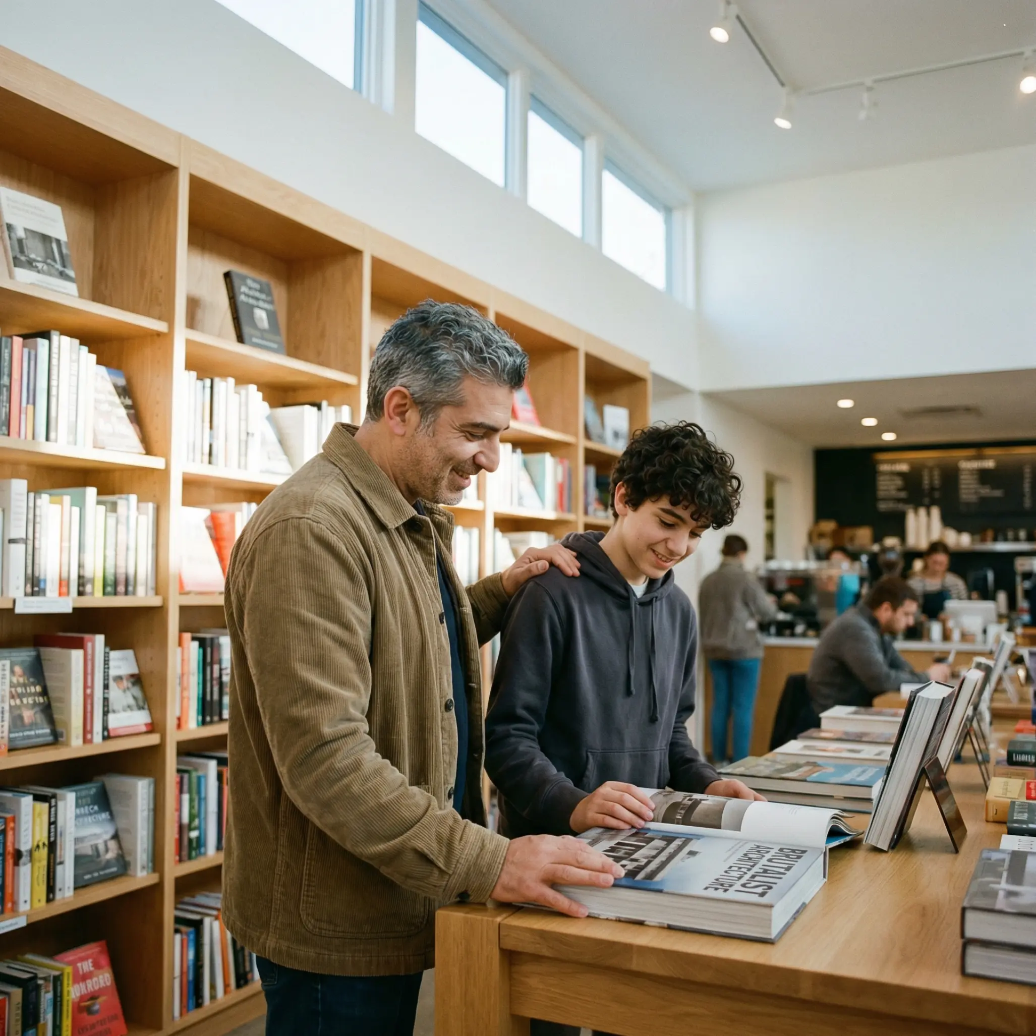 About-Grand-Bank.png A father and son smiling while looking through a large photography book together in a modern, sunlit bookstore.