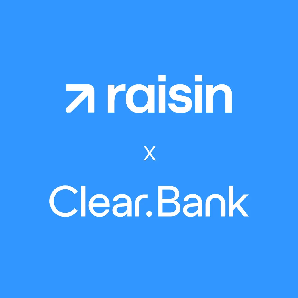 A square image featuring the logos of Raisin and ClearBank on a blue background.