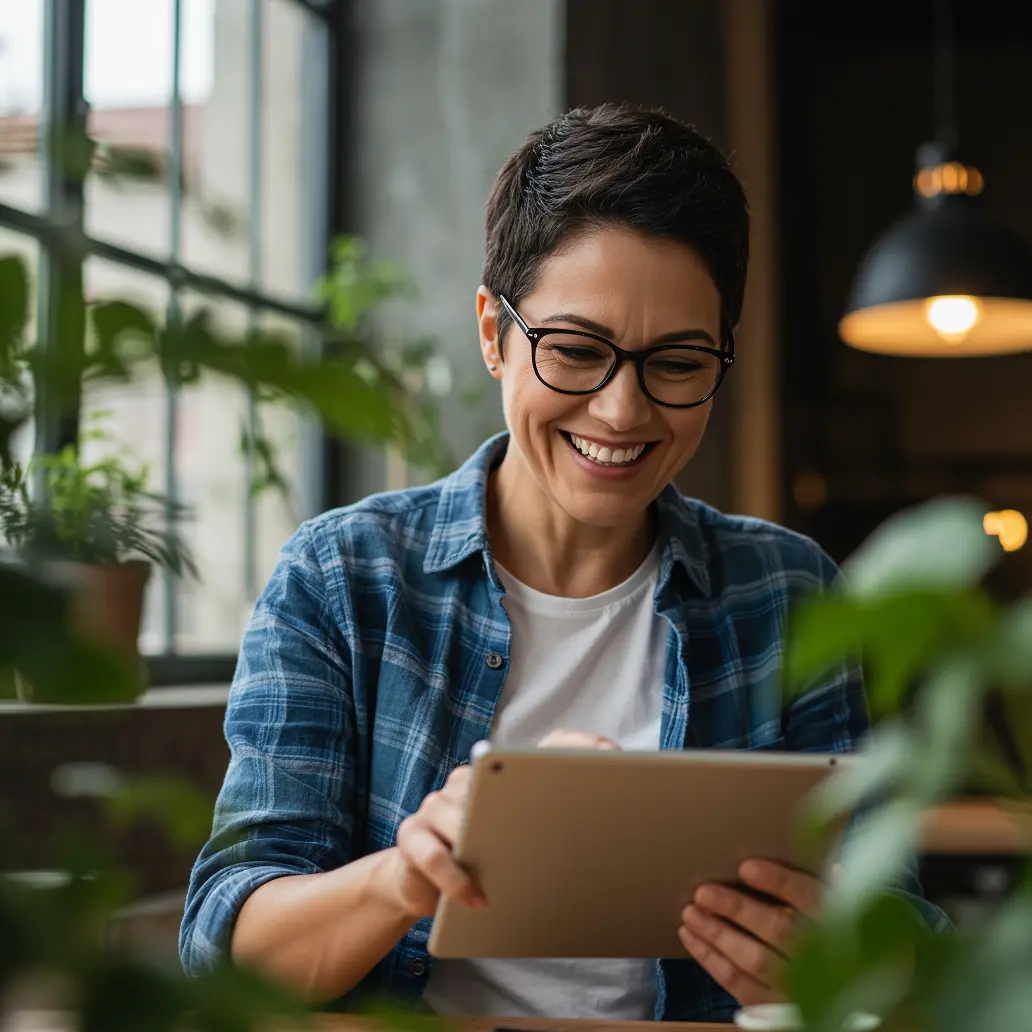 Raisin ES-mujer sonriente con gafas usando tableta.png Mujer con gafas y cabello corto sonríe mientras usa una tableta en un entorno luminoso con plantas.
