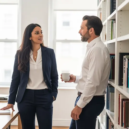 Raisin COM - Informal Business Talk Two business professionals stand in a modern office near bookshelves, engaged in a casual yet focused conversation. The woman leans slightly on a desk while the man holds a coffee mug, suggesting a collaborative discussion or informal meeting during a workday.