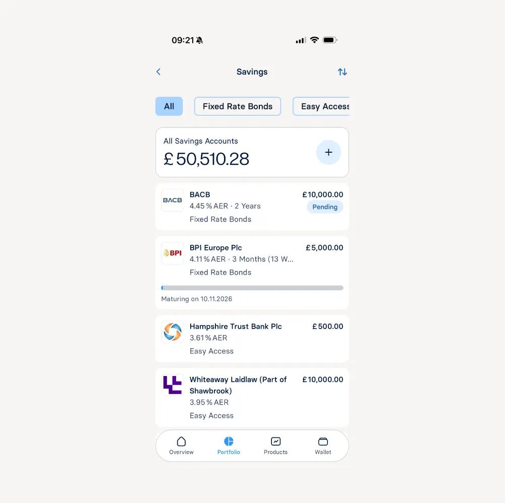 raisin-uk-app-products.png A screenshot of the Products tab in the Raisin UK app