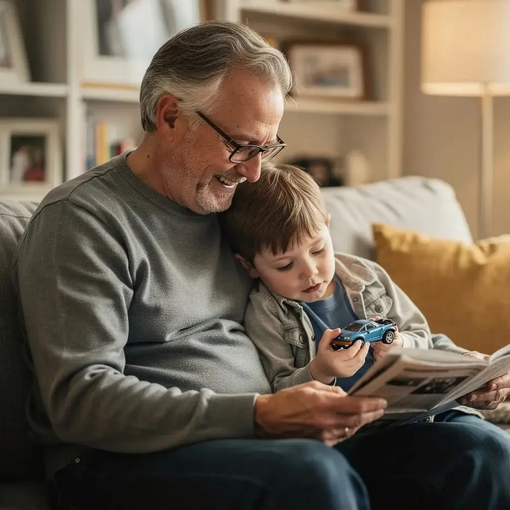 raisin de Grossvater liest mit Enkel Großvater sitzt mit seinem Enkel auf dem Sofa und liest gemeinsam, während das Kind ein Spielzeugauto hält