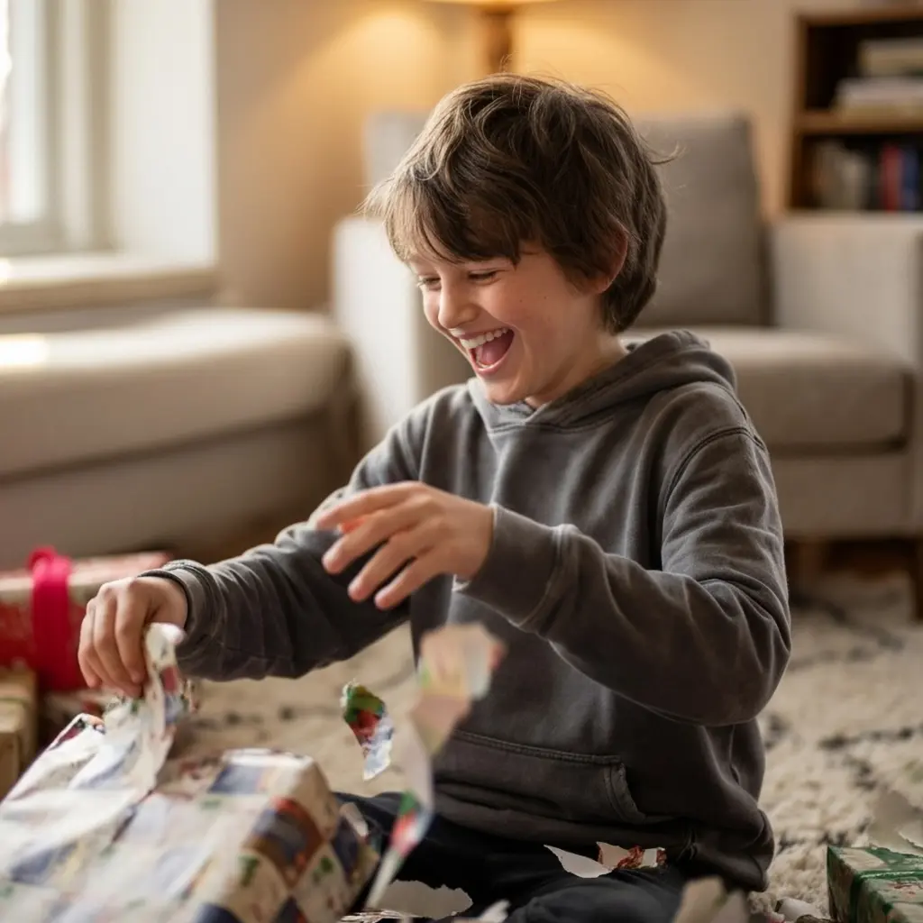 Raisin de Kind mit Geschenk Raisin DE Fröhliches Kind sitzt im Wohnzimmer und reißt begeistert Geschenkpapier von einem Präsent