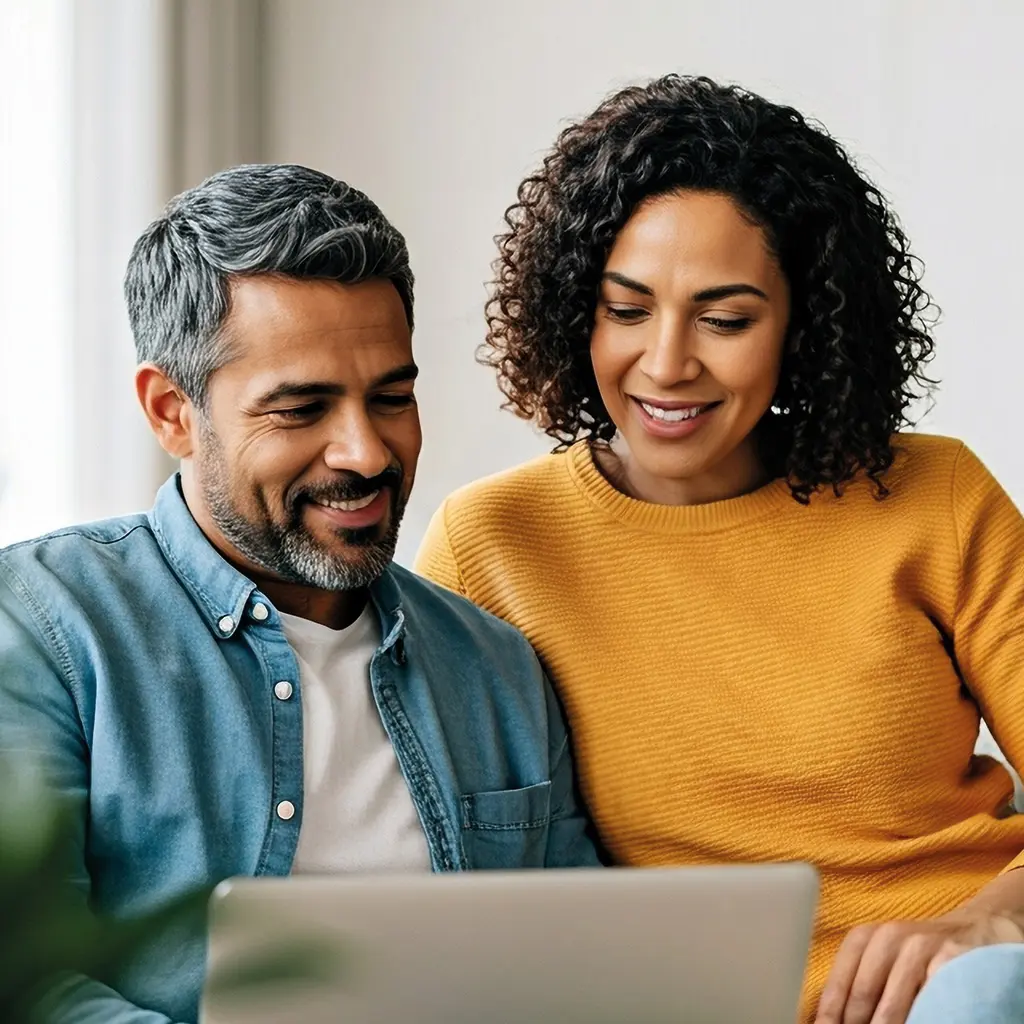 A couple looking at a laptop and smiling