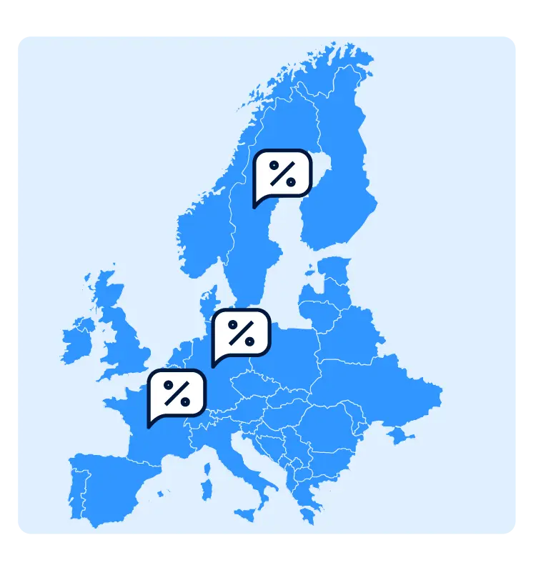 Illustration of a blue map of Europe highlighting several countries with speech bubbles containing percentage signs.