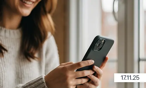 Raisin DE Mehrere Accounts Ausschnitt einer Frau mit einem Smartphone in der Hand und dem Datum 17.11.2025