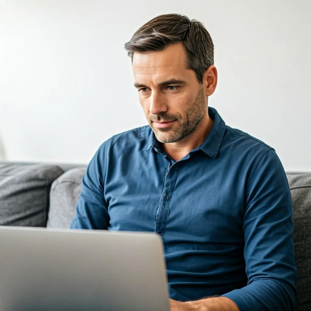Man in a blue shirt sitting on a grey sofa, focused on a laptop in front of him.