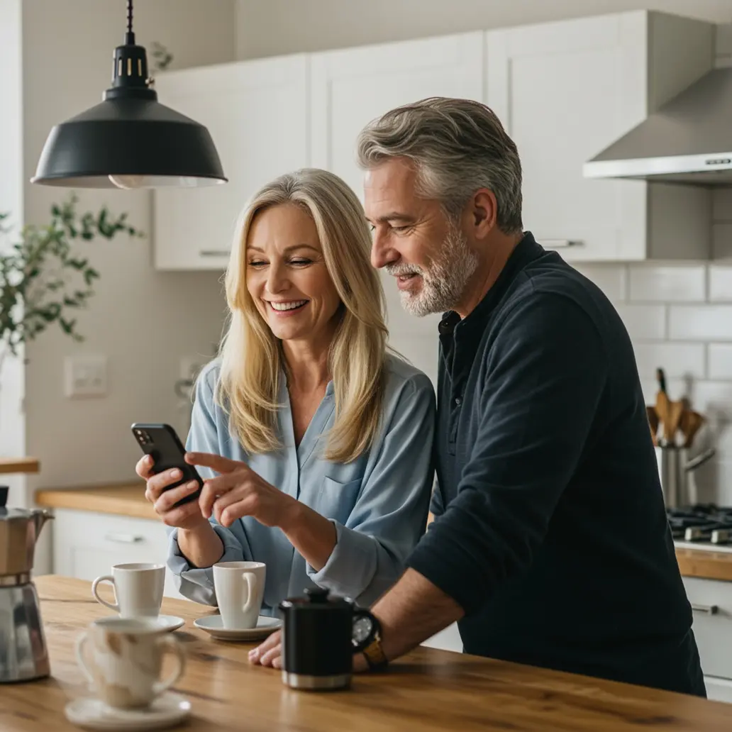 raisin_IE_couple Smiling middle-aged couple standing in a modern kitchen, looking at a smartphone together while having coffee at a wooden counter.