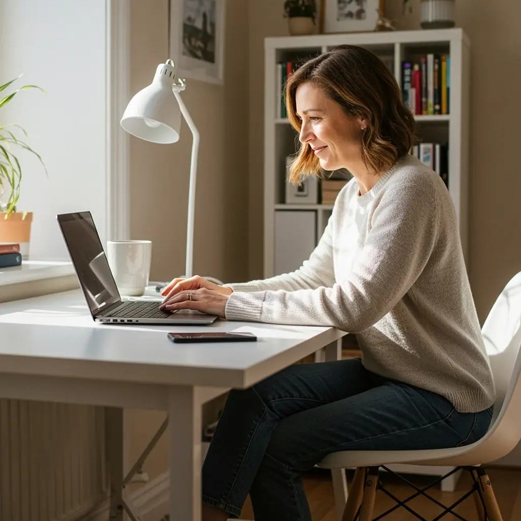 raisin_ie_woman_with_laptop.png Woman sitting at a desk by a window, smiling while working on a laptop in a bright, cozy home office.