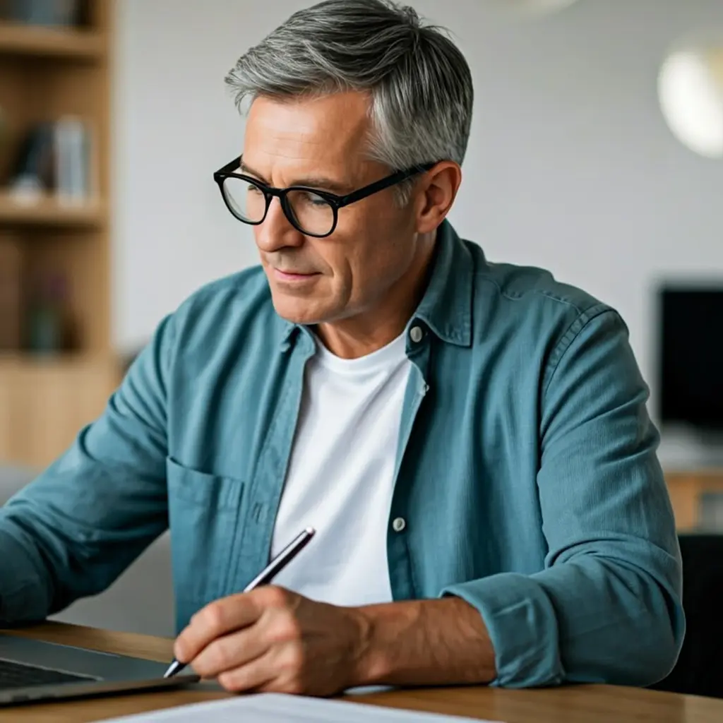 Ein Mann sitzt am Schreibtisch.