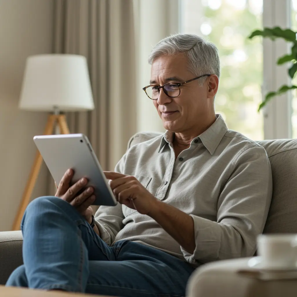 Ein älterer Mann sitzt auf einem Sessel und hält ein Tablet in den Händen.