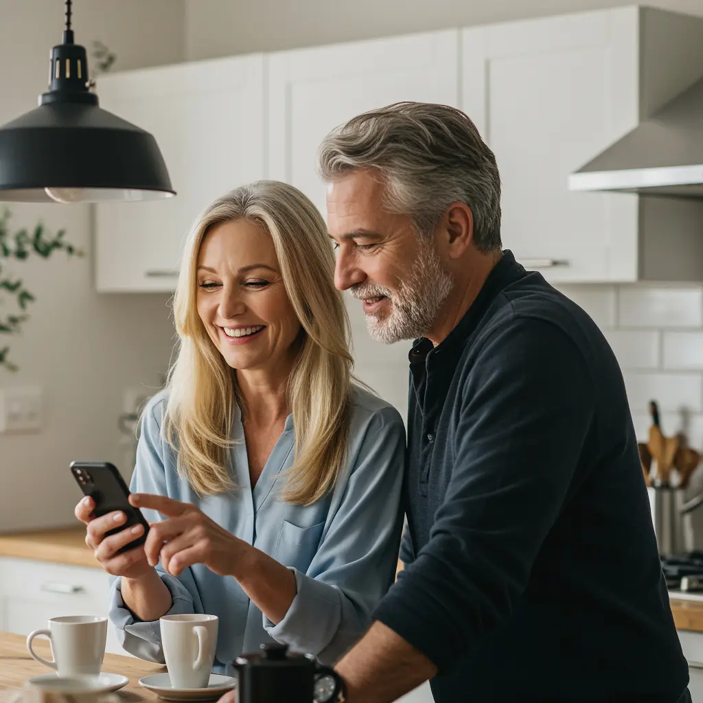 Smiling mature couple standing in a modern kitchen, looking at a smartphone together while having coffee.