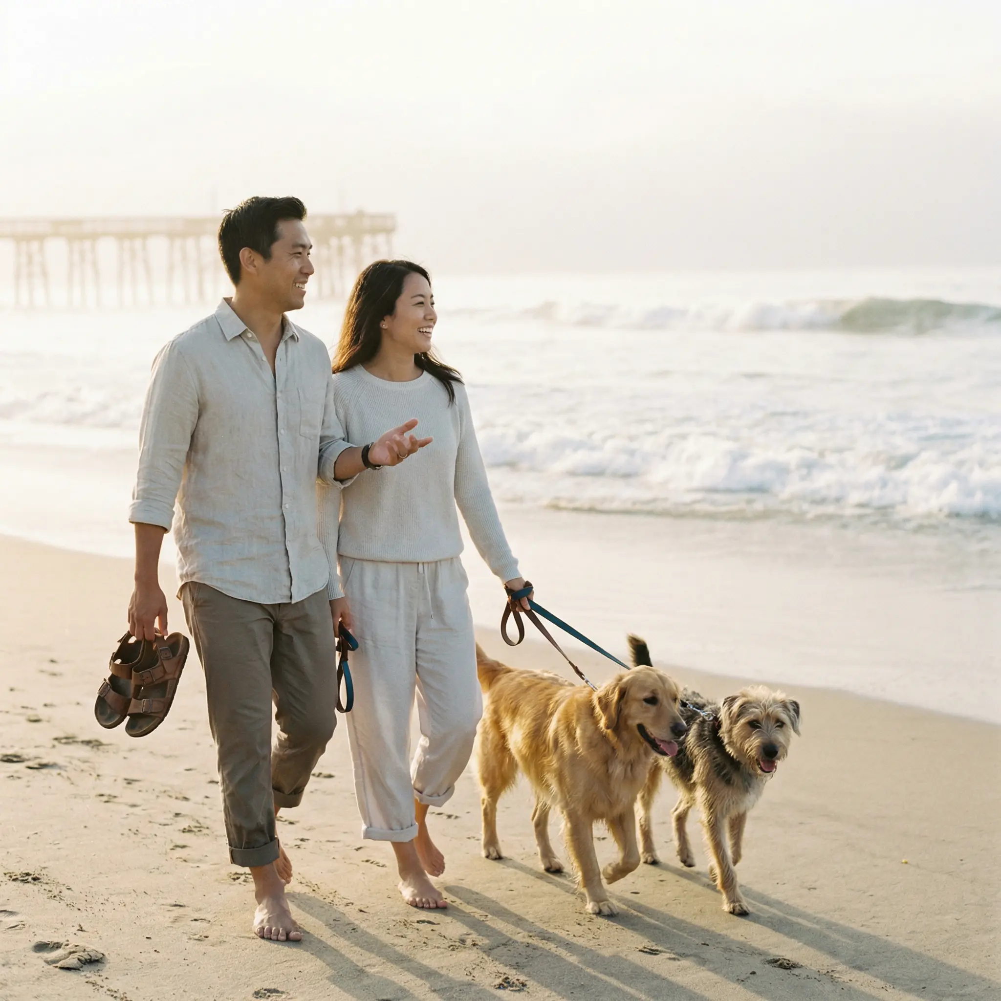 About-The-Atlantic-Federal-Credit-Union.png A happy couple walking barefoot along the shoreline of a beach at sunset with their two dogs.