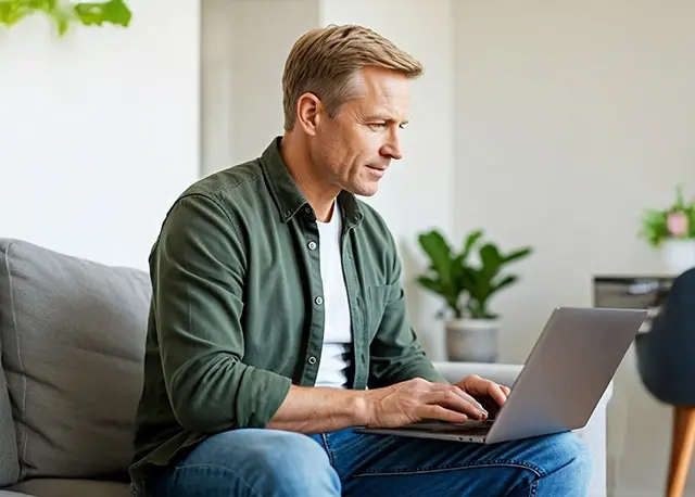 Mężczyzna w zielonej koszuli siedzi przy laptopie