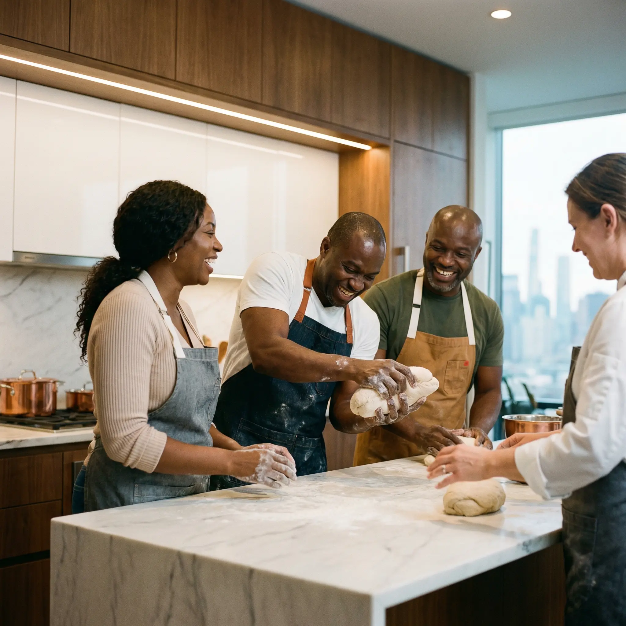 About-Sterling-Federal-Bank.png A diverse group of friends laughing and learning to knead dough together during a professional baking class.