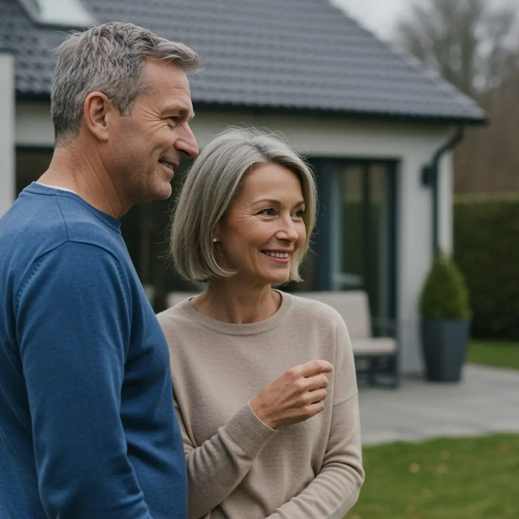 A male and female couple in their 50s, stood in front of a house